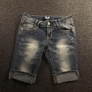 Vintage Y2K Angels Denim Jean Bermuda Shorts Sz 5 Med Wash Cuffed Embroidered